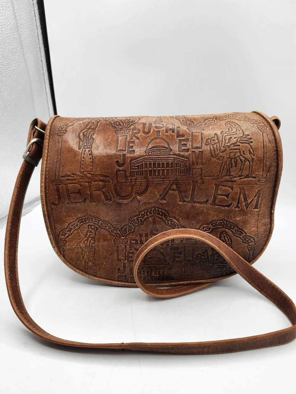 Jerusalem Embossed Leather Crossbody Vintage Bag Brown Handmade Handtooled - Picture 1 of 9